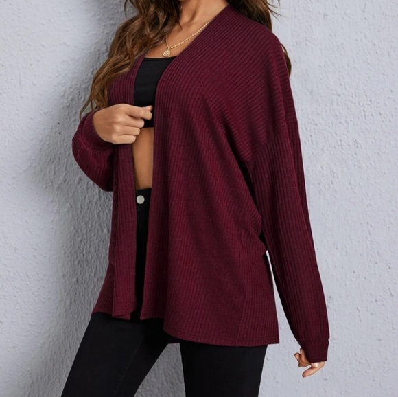 Open Front Lantern Sleeve Waffle Knit Cardigan - Picture 2 of 6